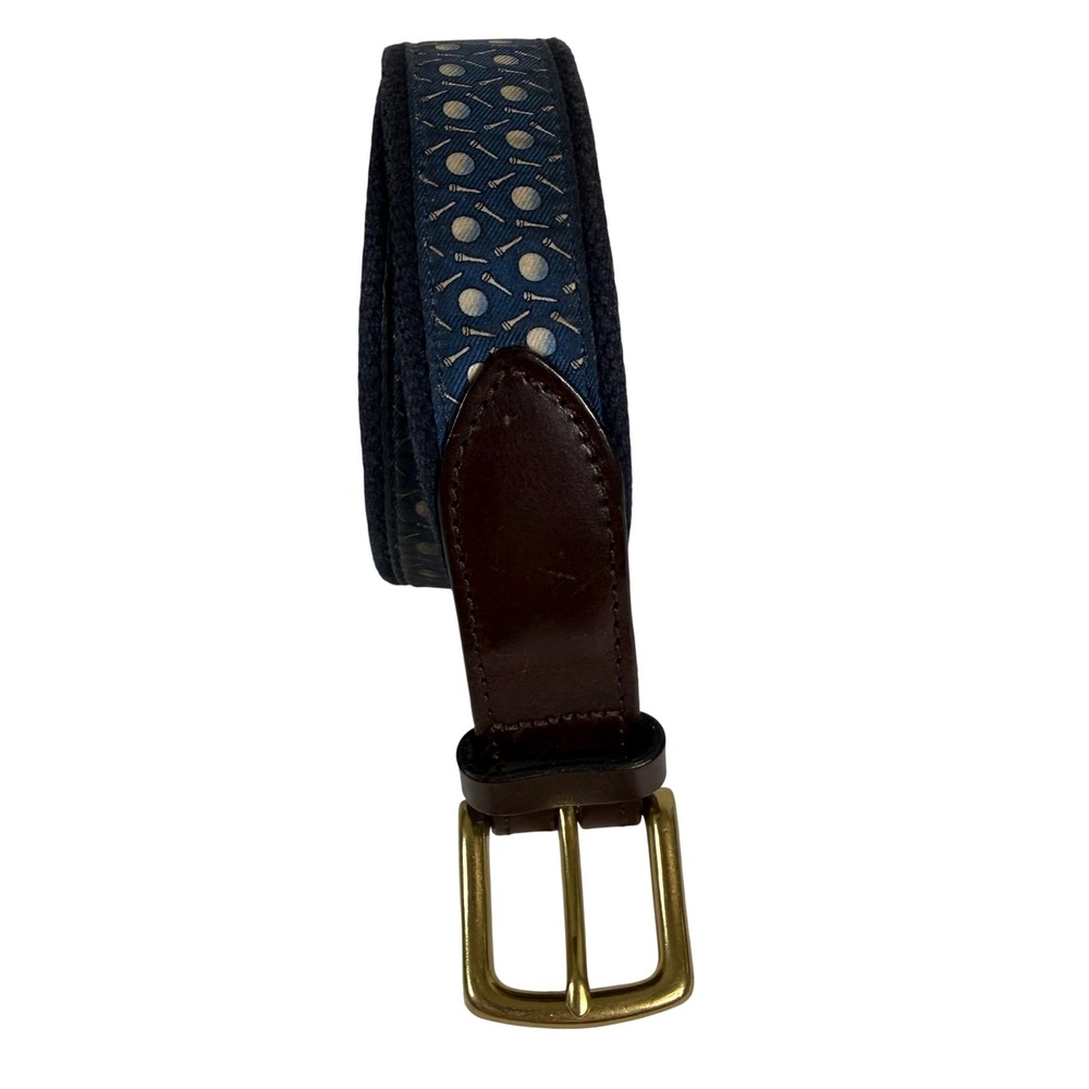Vineyard Vines Golf Belt Size 32 Navy Blue Leather Canvas Brass Preppy Sporty